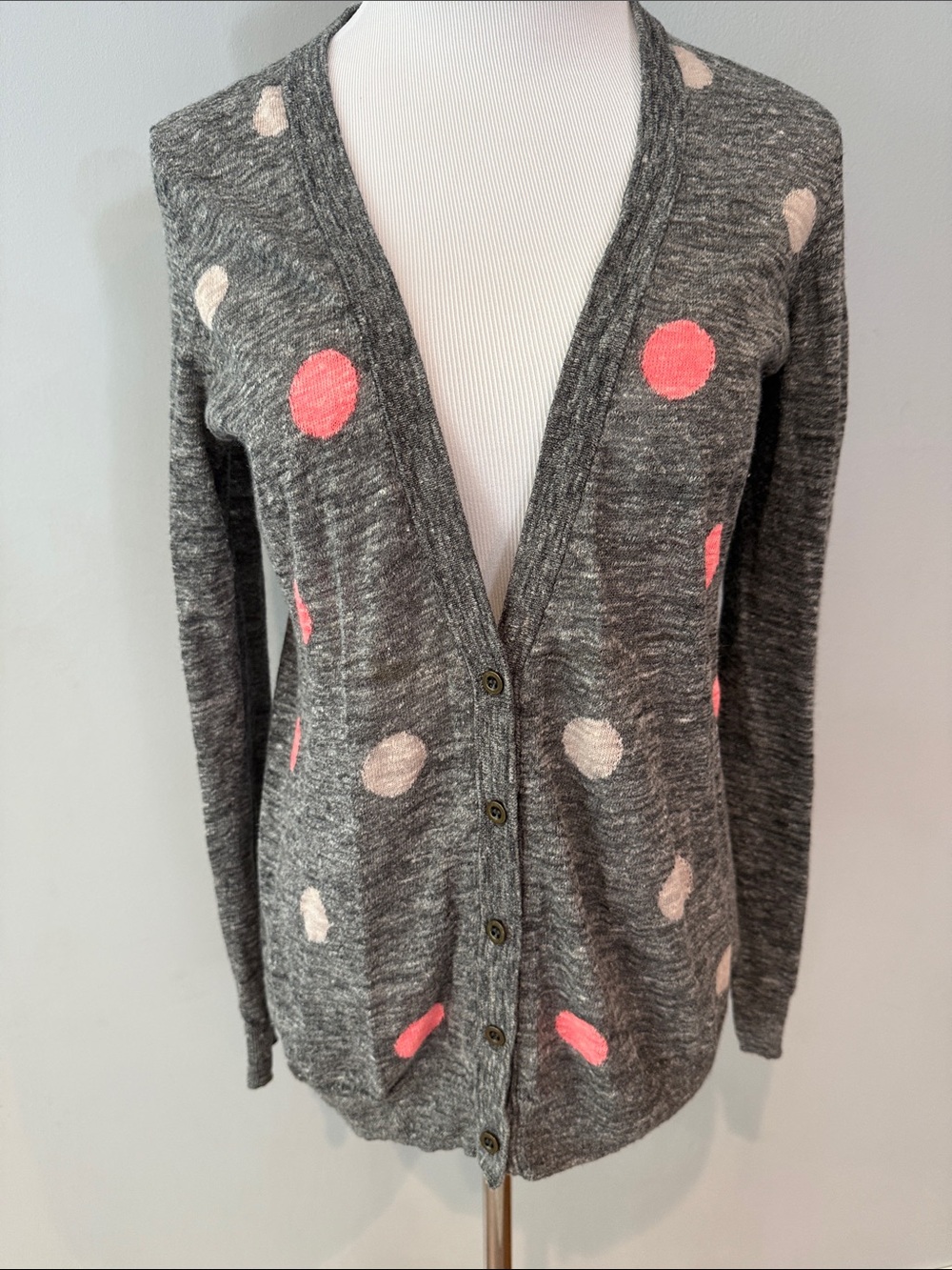 Madewell Heather Gray Polka Dot Cardigan with Pink & Cream Dots- M